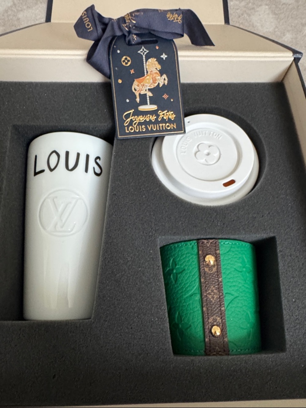 Louis Vuitton Green, White & Navy Travel Mug Gift Set - Picture 3 of 3